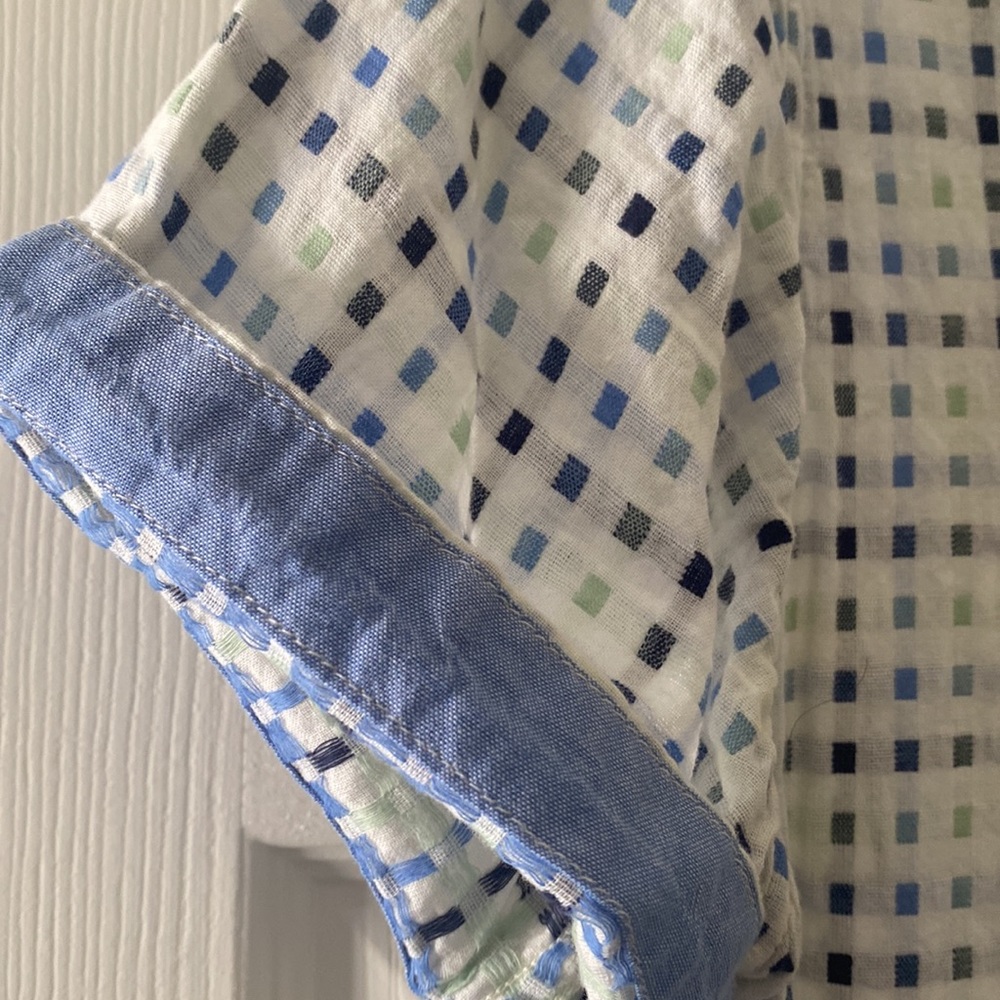 Singer & Sargent short-sleeved casual shirt with blue/green/grey dashes, Sz med